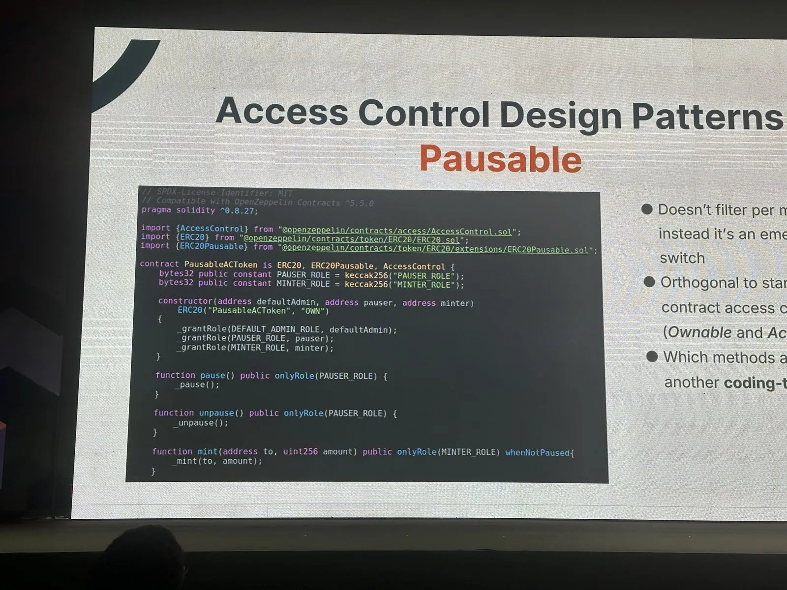 Slide "Access Control Design Patterns: Pausable" with a token example built on OpenZeppelin, Devconnect 2025
