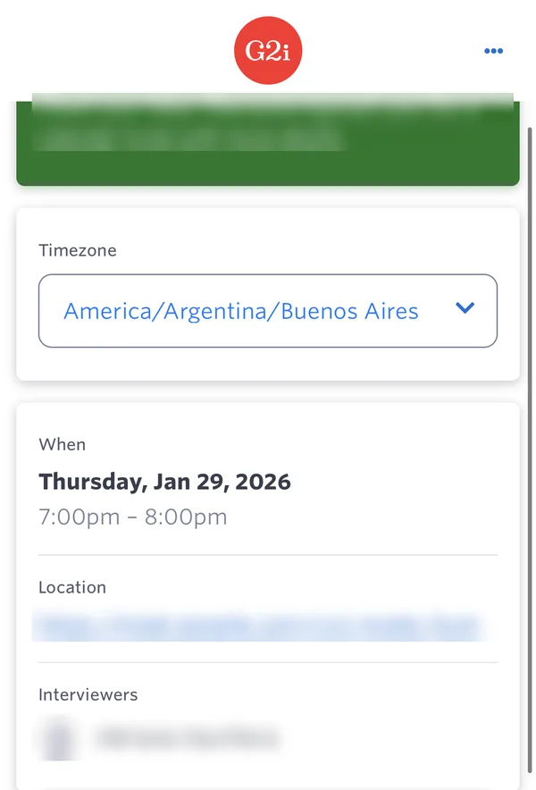 G2i call scheduled for 29 January 2026, email, meeting link and interviewer hidden