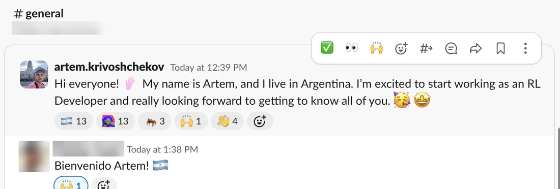 My introduction in the G2i team Slack, the colleague's name and photo hidden