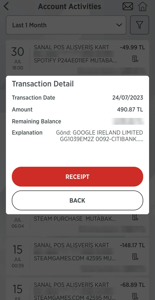 The first Google AdSense payout to a Turkish bank account, 24 July 2023, balance hidden