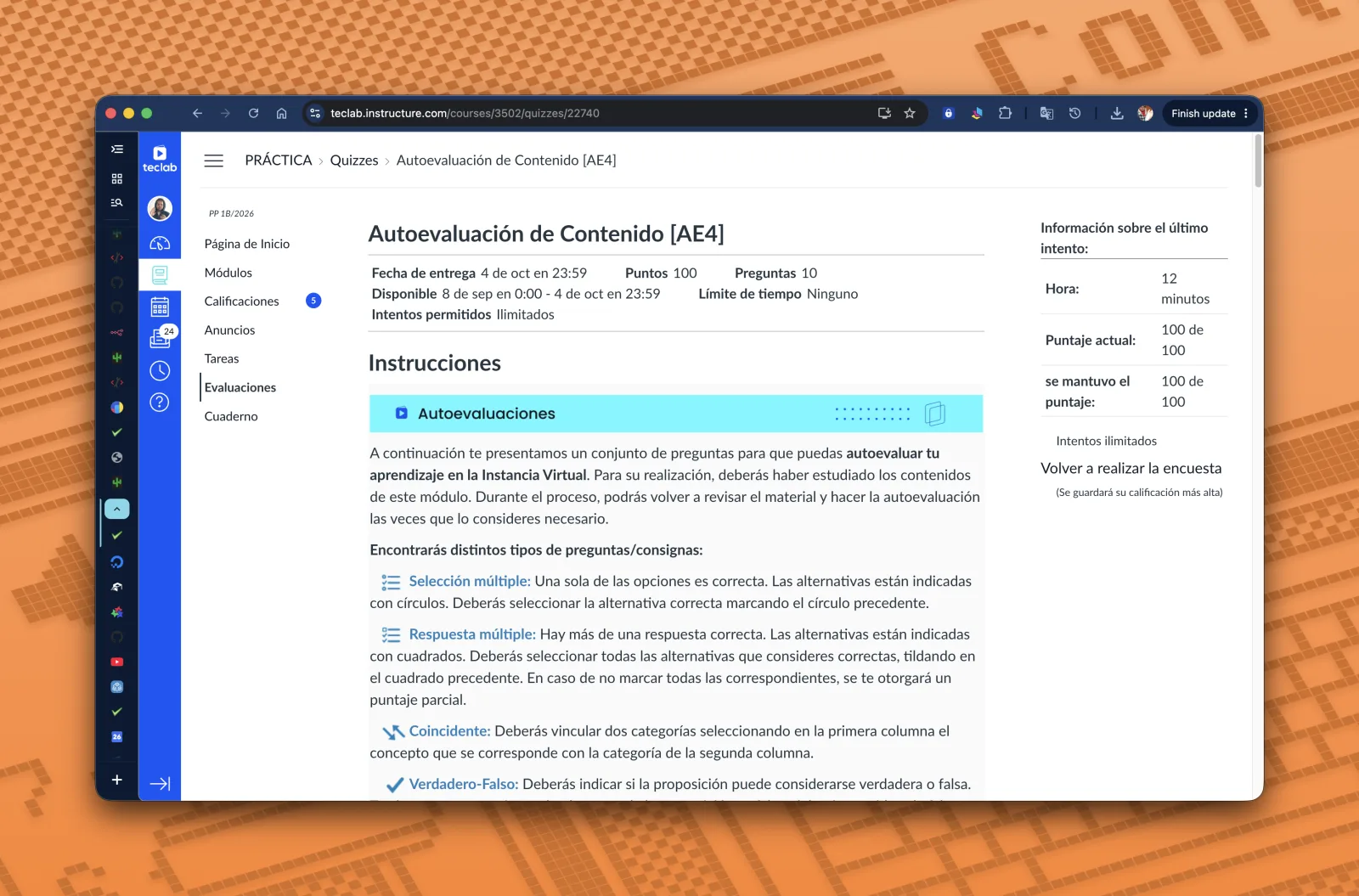 Teclab self-assessment "Autoevaluación de Contenido [AE4]": 100 out of 100 points