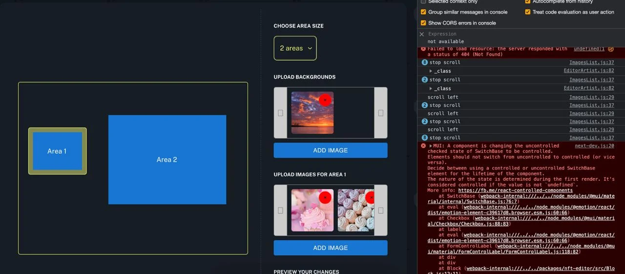 An early build of the NFT editor with the browser console open: two areas on the canvas, background and per-area image uploads on the right