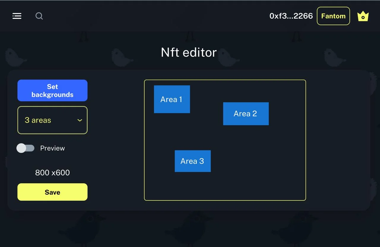 The finished NFT editor layout: a three-area canvas with background, area count, preview and save controls on the left