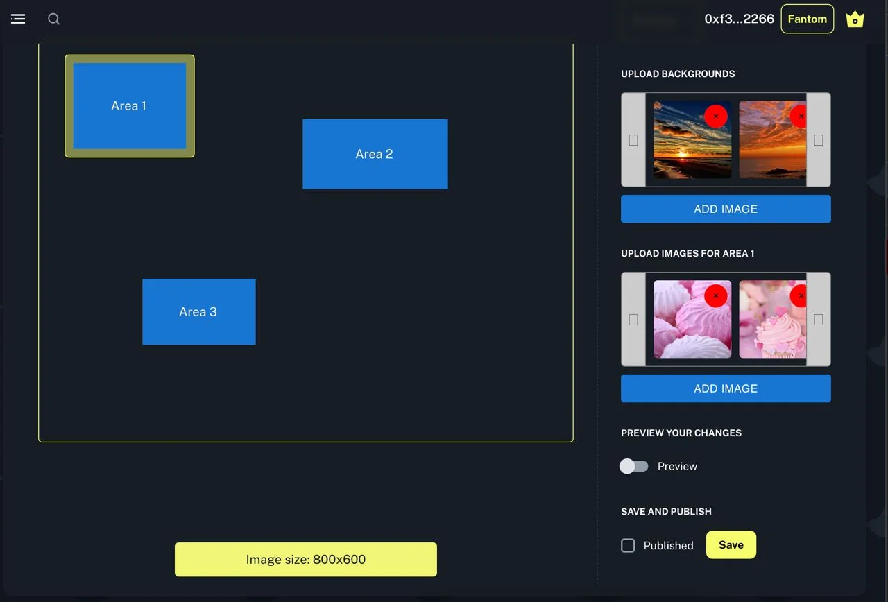 The NFT editor with three areas placed on an 800x600 canvas, upload panels for backgrounds and Area 1, a preview toggle and a Save button