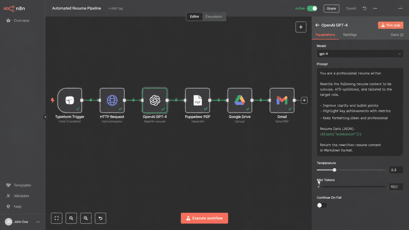 AI Resume Generator, canalización de CV automatizada con n8n