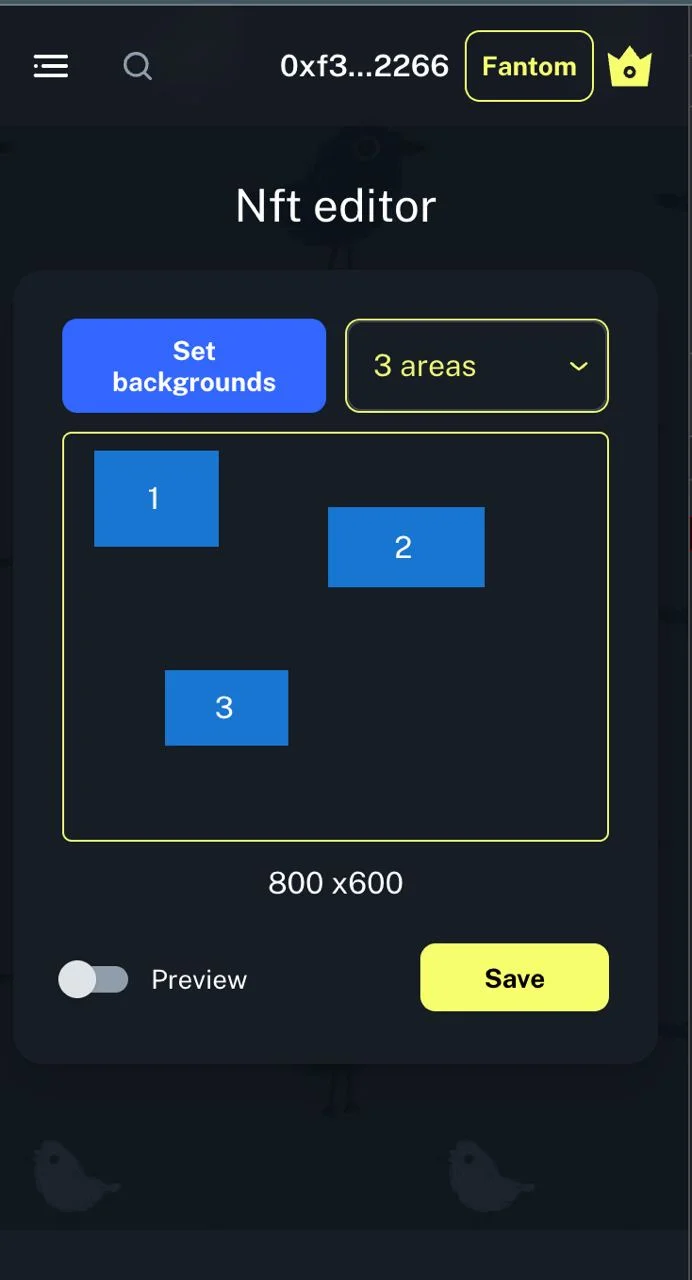 The NFT editor on a phone: Set backgrounds button, a three-area selector, the canvas with numbered areas, preview toggle and Save