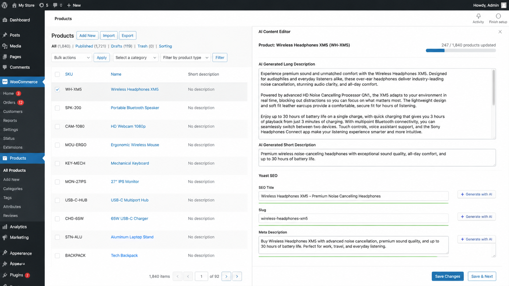 AI Content Agent — WooCommerce admin panel with AI-generated product descriptions