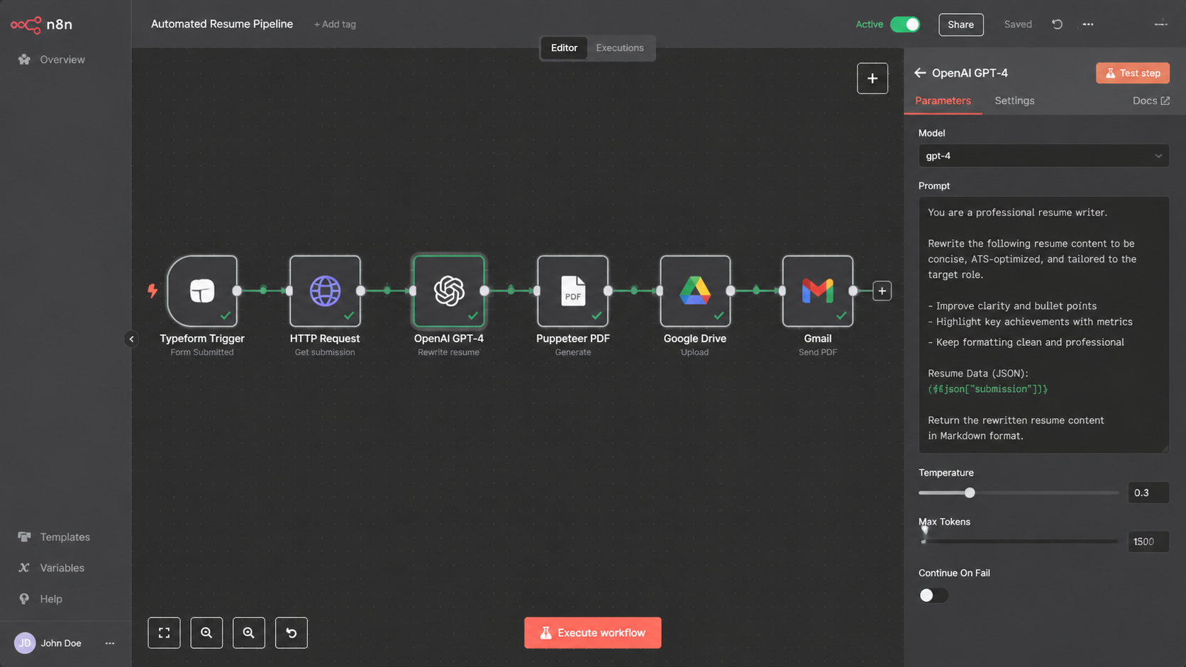 AI Resume Generator — n8n workflow canvas: form trigger → GPT-4 → PDF → email delivery
