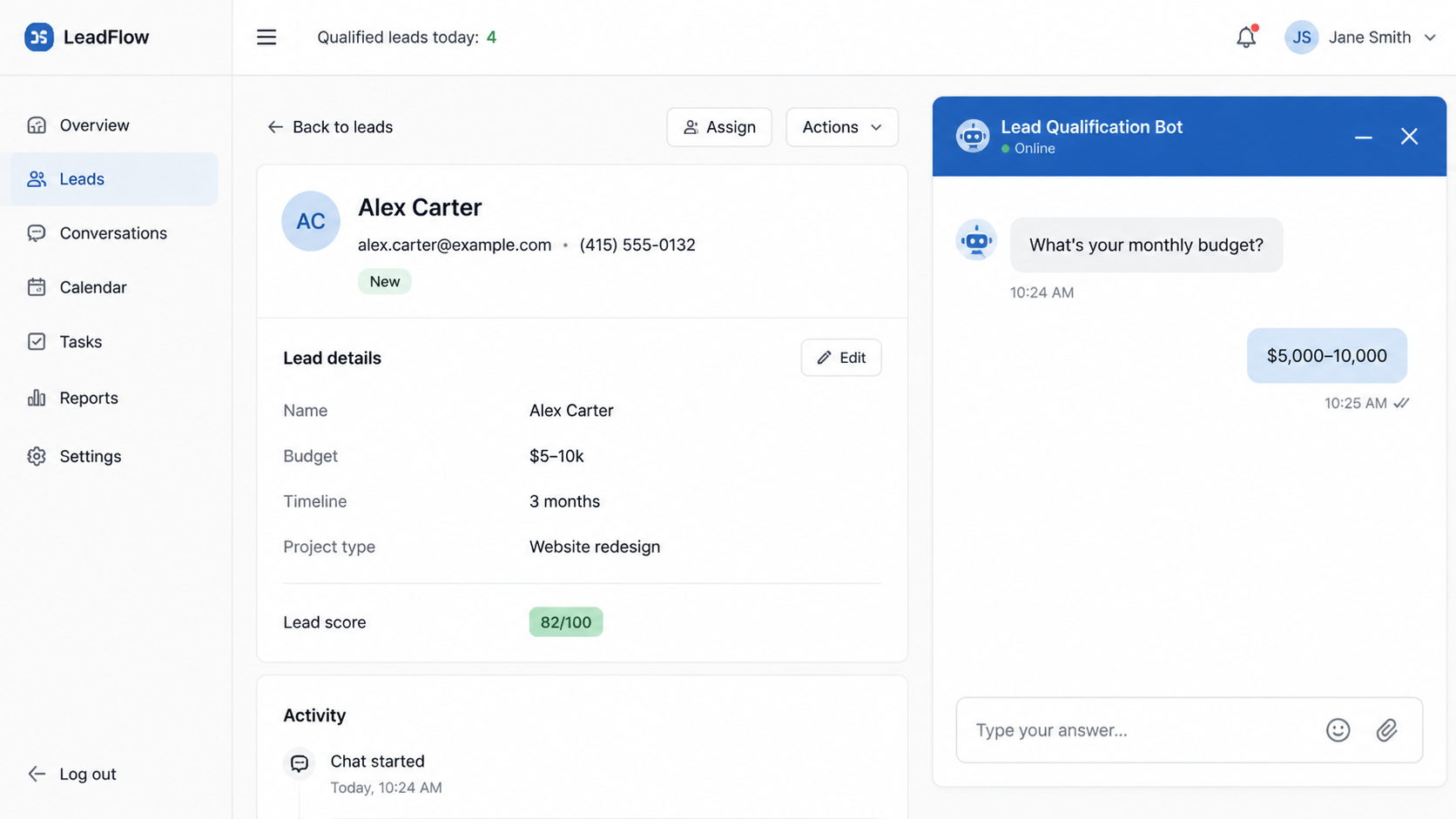 AI Sales Assistant — lead qualification chat widget with auto-filled CRM panel