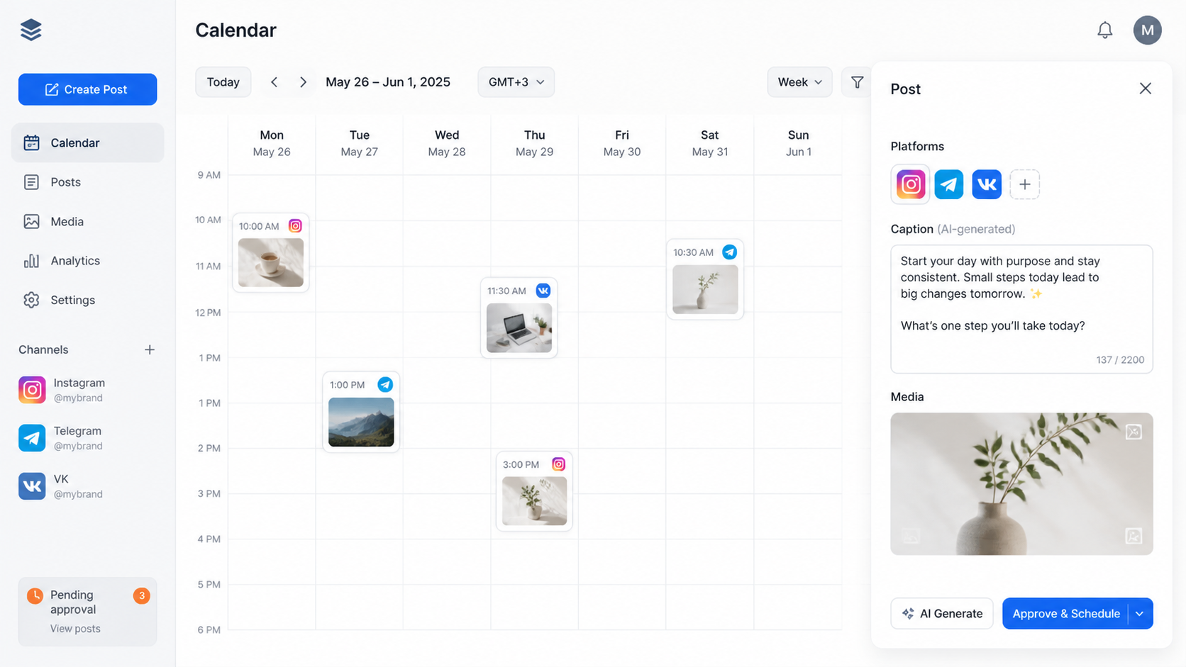 AI Social Media Manager — scheduling dashboard with approval queue across Instagram, VK, Telegram