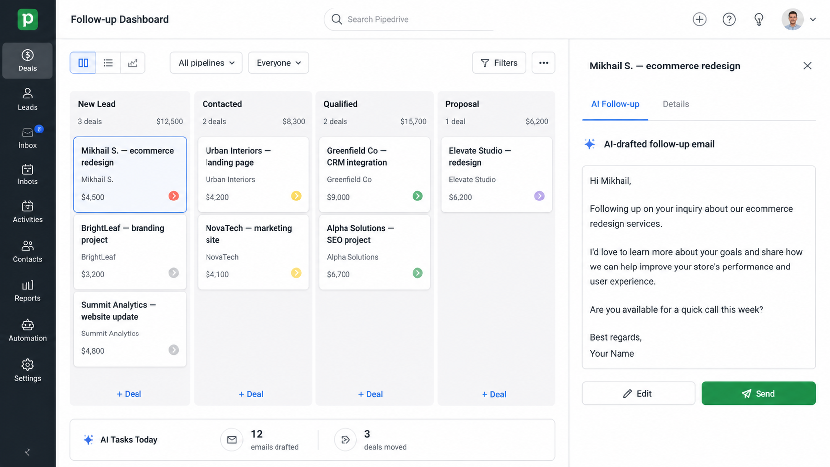 CRM Follow-up Agent — kanban pipeline with AI-drafted email preview and hot-lead alerts